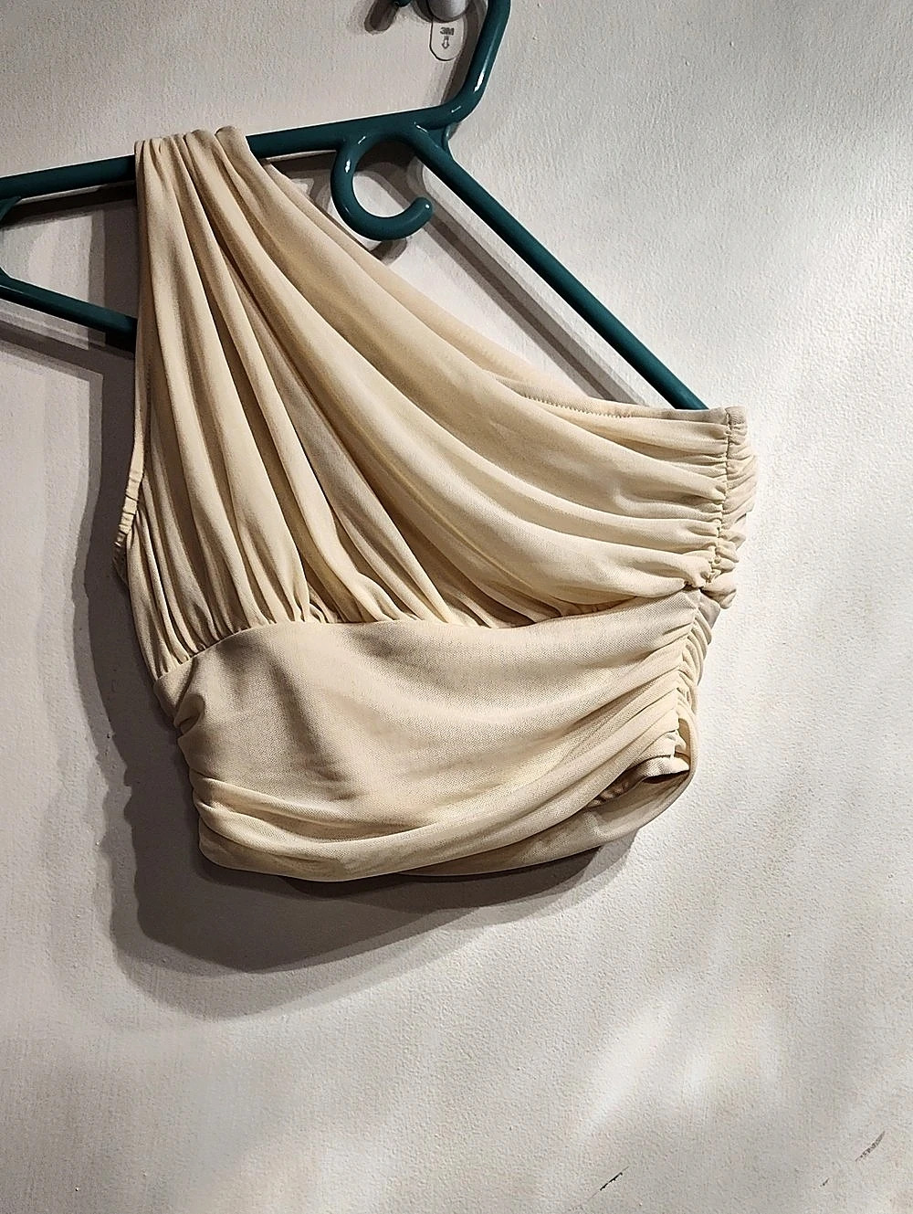SHEIN One Shoulder Ruched Crop Top Cream XS